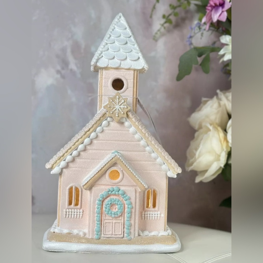 Christmas Lighted Pink Pastel Victorian Gingerbread Sugar Cookie Church Chapel